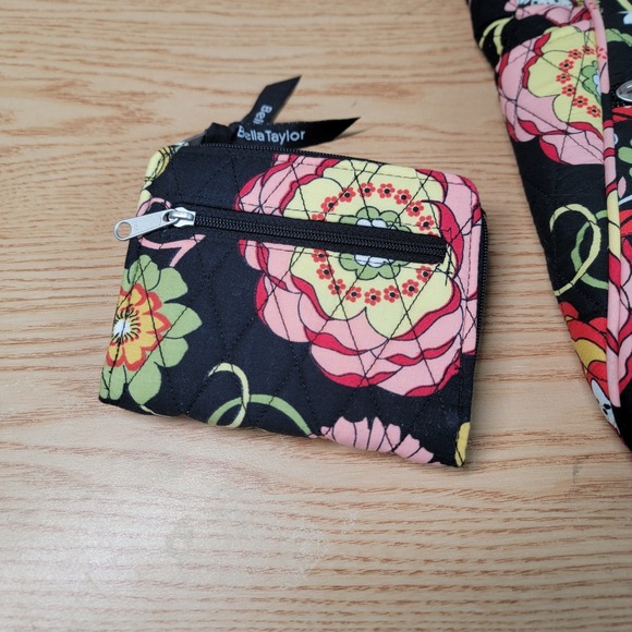 Bella Taylor Quilted Fabric Black Floral Crossbody Shoulder Bag & Wallet Set Lot - Picture 4 of 16